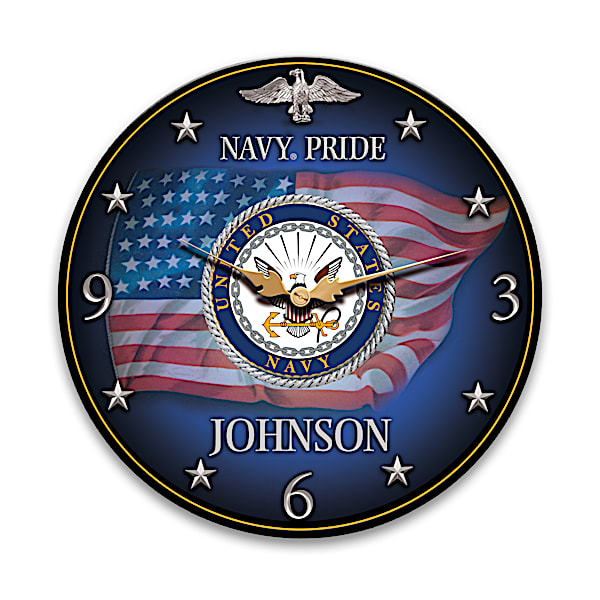 Navy Pride Wooden Wall Clock Personalized With Family Name