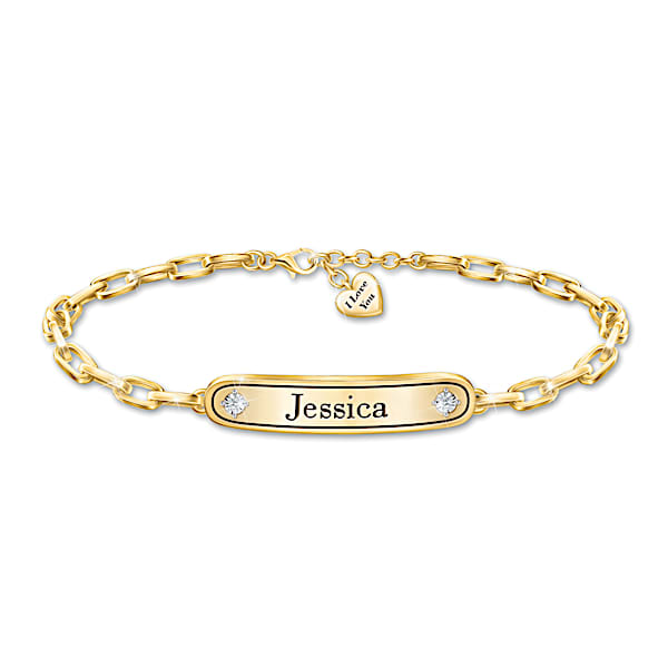 Personalized 18K-Gold Plated Name Bracelet Adorned With 2 Diamonds And Two Loving Engraved Messages - Personalized Jewelry