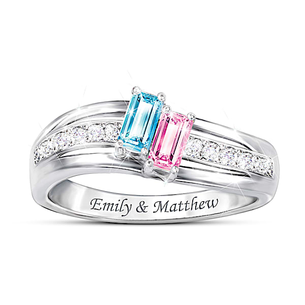 Forever By My Side Sterling Silver Personalized Birthstone Ring Featuring 2 Baguette-Cut Crystal Birthstones Surrounded By Clear