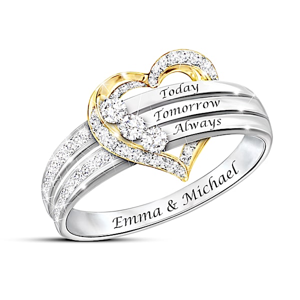 Today, Tomorrow And Always Sterling Silver Heart-Shaped Ring With 18K Gold-Plated Accents Set With 3 White Topaz Stones And Pers
