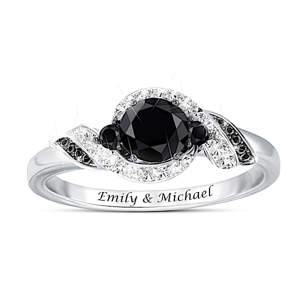 Midnight Romance Women's Sterling Silver Ring Featuring A Swirling Ribbon Design Of Black Diamonds And White Topaz Gemstones Per