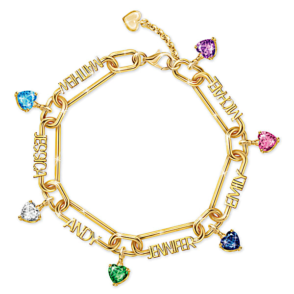 Linked In Love Mom Bracelet Personalized With Up To 6 Crystal Birthstones And Sculpted Names - Personalized Jewelry