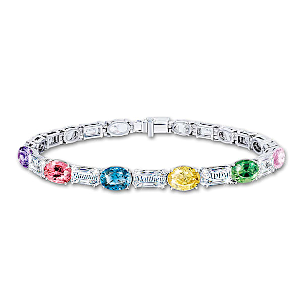 My Family Colors My World Platinum-Plated Tennis Bracelet Set With Simulated Diamond Baguettes Personalized With Up To 8 Names &