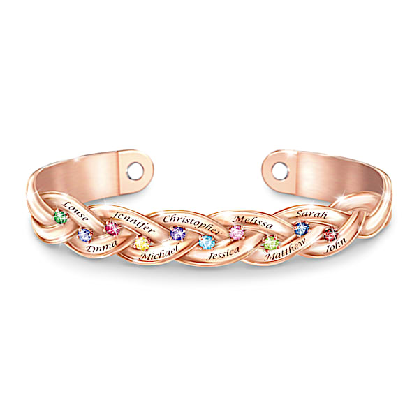 Stronger Together Personalized 18K Rose Gold-Plated Crystal Birthstone Copper Cuff Bracelet Engraved With Up To 10 Names - Perso