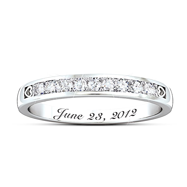 Our Forever Love Women's Personalized Platinum Plated Wedding Ring Adorned With Diamonds And Featuring 2 Sculpted Hearts At Each