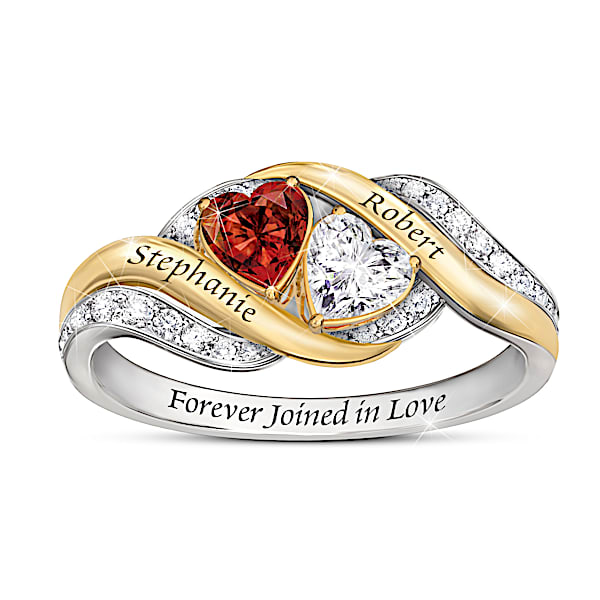 Joy Of Real Love Personalized Ring With 18K Gold-Plated Accents Featuring 1 Heart-Shaped Garnet & 1 White Topaz Surrounded By A