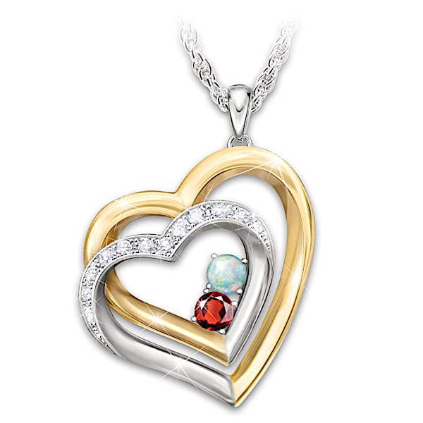 Our Real Love Personalized Genuine Birthstone Pendant Necklace Featuring 2 Interlocking Hearts With 18K Gold-Plated Accents And