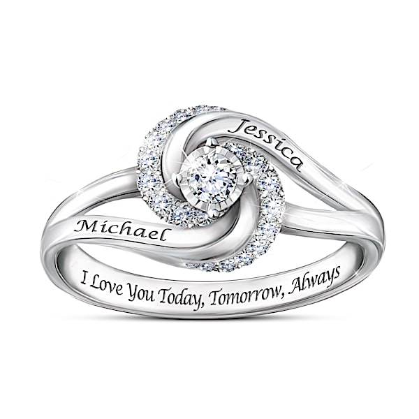 Wrapped In Love Personalized Platinum-Plated Ring Featuring A White Diamond Center Stone Embraced By A Pave Of More Diamonds In