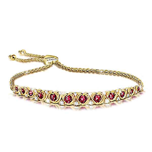 A Dozen Rubies Of Love Personalized 18K Gold-Plated Bolo Bracelet Featuring 12 Lab Grown Rubies Set In Hearts And Adorned With 2