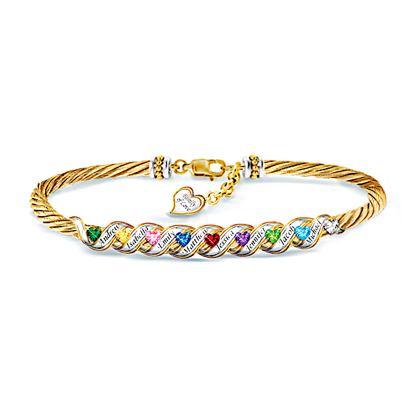 Family Is Forever Women's 24K Gold Ion-Plated Braided Cable Bracelet Personalized With Up To 8 Names And Crystal Birthstones Of