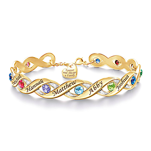 Forever And Always 18K Gold-Plated Link Bracelet Featuring A Wave-Shaped Design Personalized With Up To 12 Crystal Birthstones A