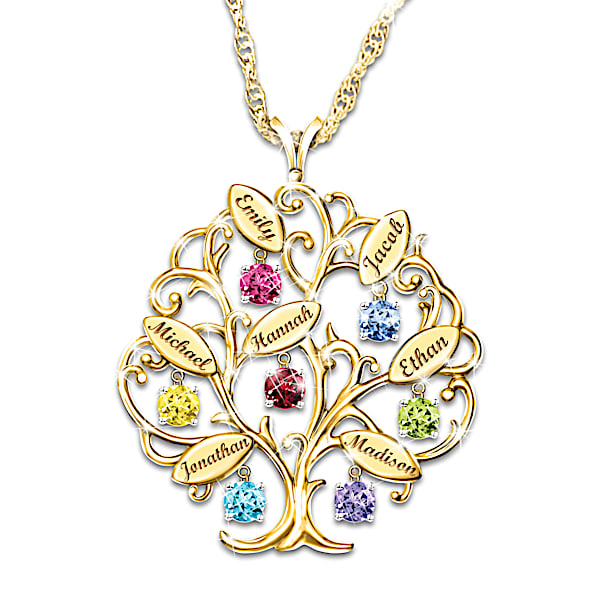 Family Of Love 18K Gold-Plated Birthstone Pendant Necklace Featuring A Tree-Shaped Design Personalized With Up To 7 Crystal Birt