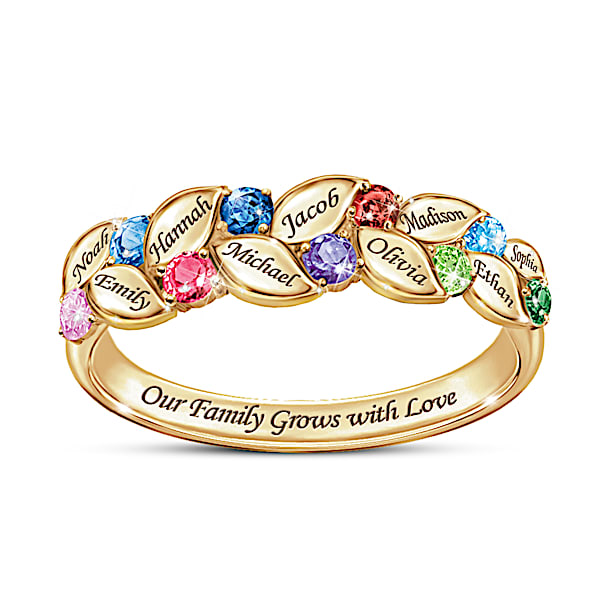 Our Family Of Joy Women's 18K Gold-Plated Ring Featuring A Woven Pattern Of Leaves Personalized With Up To 9 Names And Crystal B