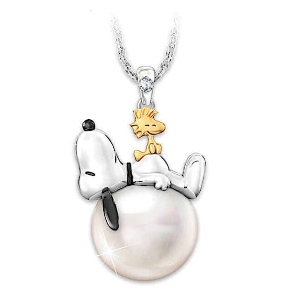 PEANUTS Snoopy And Woodstock Shell Pearl Pendant Necklace
