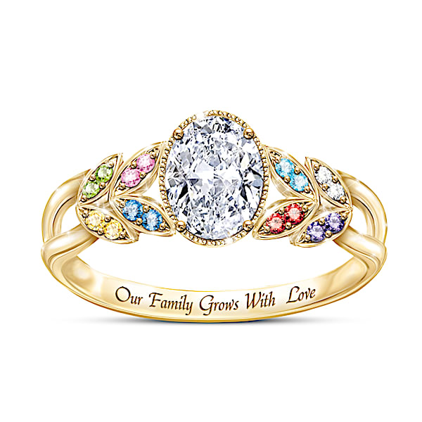 Our Family Grows With Love Women's Personalized 18K Gold-Plated Birthstone Ring Featuring A Radiant-Cut Simulated Diamond - Pers