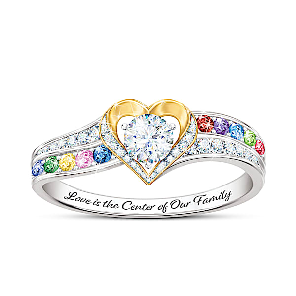A Mother's Love Women's Personalized Platinum-Plated Heart-Shaped Crystal Birthstone Ring With 18K Gold-Plated Accents - Persona