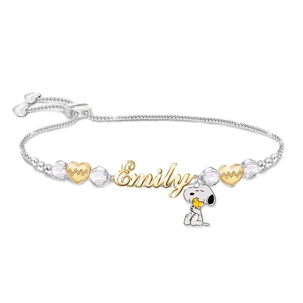 PEANUTS Platinum-Plated Personalized Name Bracelet With A Snoopy Charm And 18K Gold-Plated Accents - Personalized Jewelry