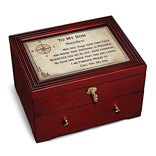 To My Son Lockable Wooden Keepsake Box Personalized With Your Son's Name Featuring A Felt-Lined Upper Storage Compartment And A
