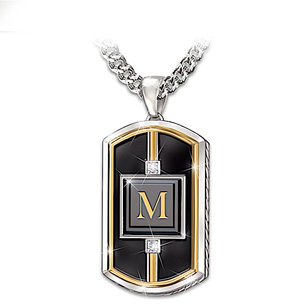Man Of Distinction Stainless Steel Dog Tag Pendant Necklace With A Black Onyx Stone And 2 Diamond Accents Personalized With An 1