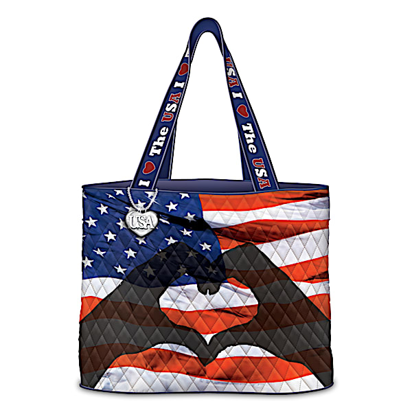 I Love The USA Quilted Tote Bag With Heart-Shaped Charm