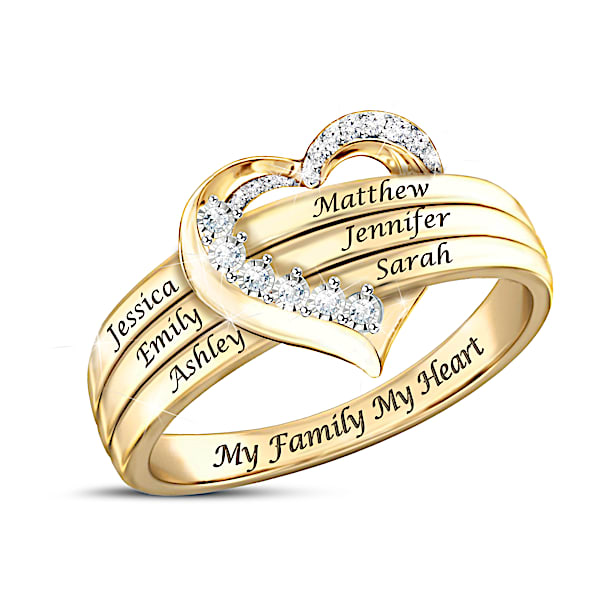 My Family, My Heart Women's 18K Gold-Plated Heart-Shaped Ring Adorned With 12 Diamonds And Personalized With Up To 6 Engraved Na