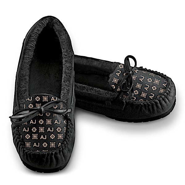 Personalized Women's Black Suede Slippers With Your Initials