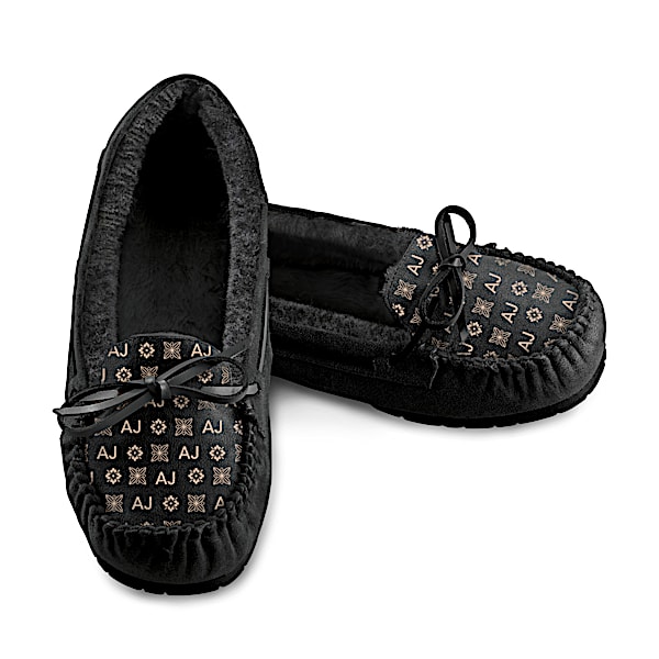 Personalized Women's Black Suede Moccasins With Initials