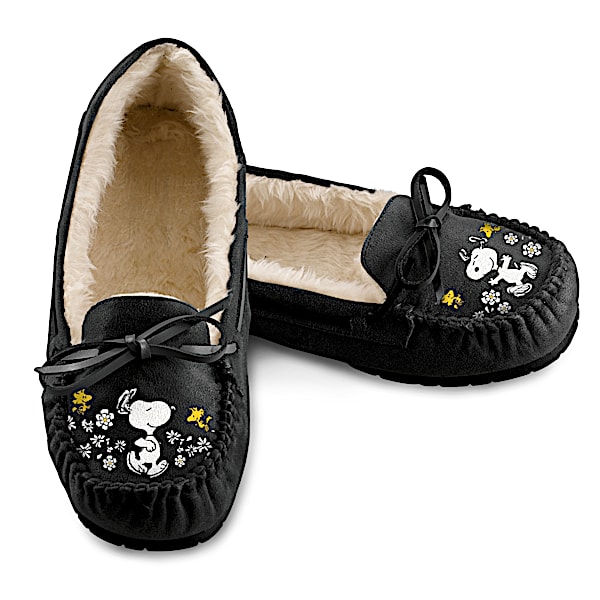 PEANUTS Women's Black Suede Moccasins With Snoopy Art