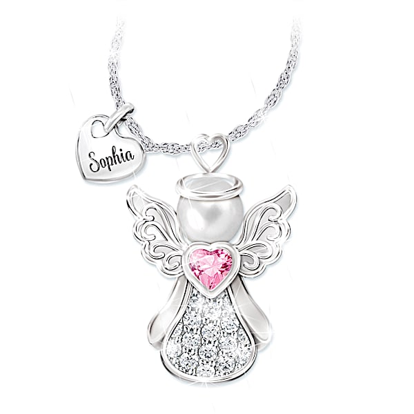 Personalized Granddaughter Angel Pendant Adorned With Her Birthstone And Engraved With Her Name - Personalized Jewelry
