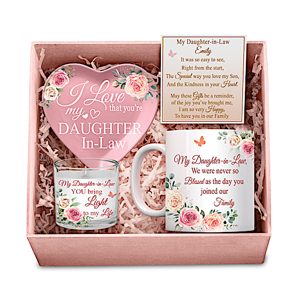 My Daughter-In-Law, I Love You Pink Personalized Gift Box Set With Mug, Trinket Tray And Soy Candle - Personalized Jewelry