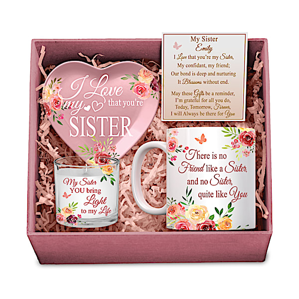 My Sister, I Love You Pink Personalized Gift Box Set With Mug, Trinket Tray And Soy Candle - Personalized Jewelry
