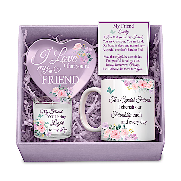 My Friend, I Love You Purple Personalized Gift Box Set With Mug, Trinket Tray And Soy Candle - Personalized Jewelry