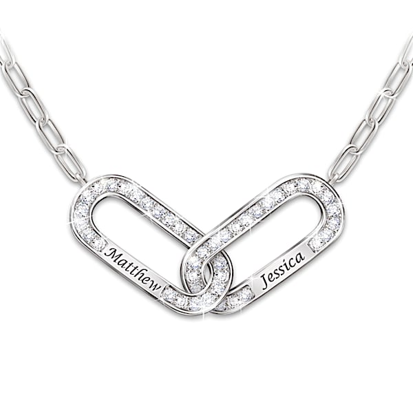 Personalized Rhodium-Plated Necklace Featuring 2 Sculpted Links Adorned With Simulated Diamonds - Personalized Jewelry