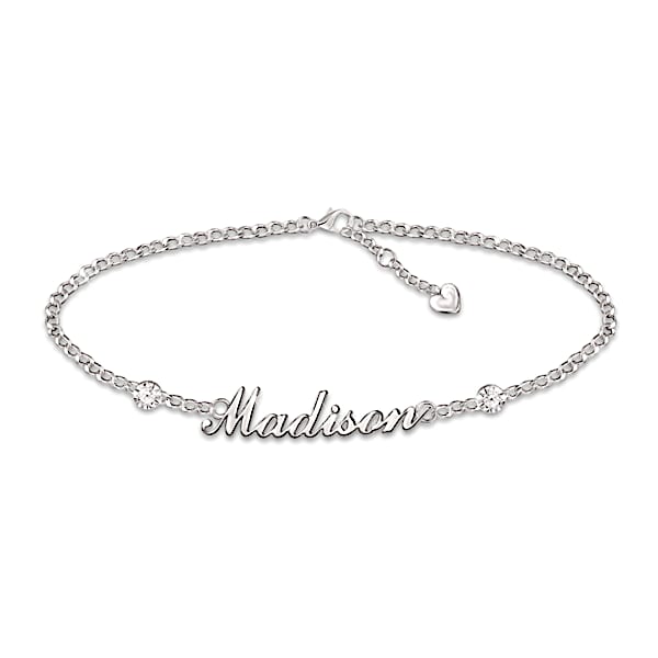 Women's Platinum-Plated 9" Ankle Bracelet Adorned With Diamonds And Personalized With Your Name - Personalized Jewelry