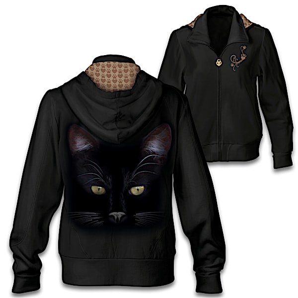 MystiCool Cat Black Cotton-Blend Knit Hoodie Featuring Cat Art
