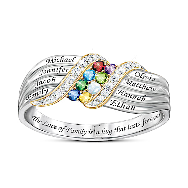 Family Hug Genuine Birthstone Hinged Ring With Names