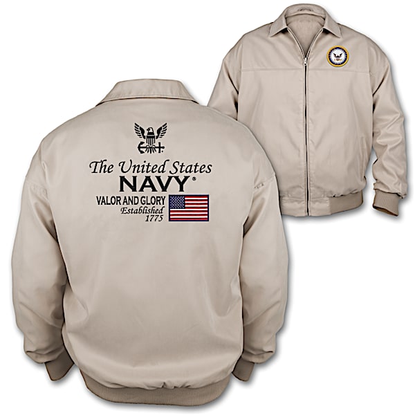 U.S. Navy Tan Jacket With A U.S. Navy Emblem Patch And American Flag