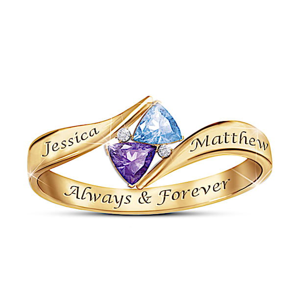 Love's Promise Personalized Romantic 18K Gold-Plated Ring Featuring A Bypass Design And Set With 2 Unique Trillion-Shaped Crysta