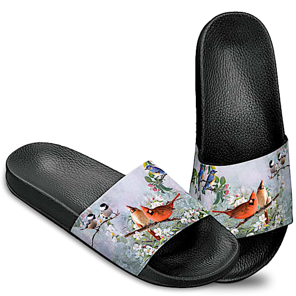 Women's Slide Sandal Shoes Adorned With Bird Art By Artist Joe Hautman