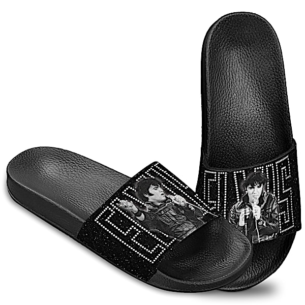 Women's Black Slide Sandal Shoes Adorned With Elvis Art
