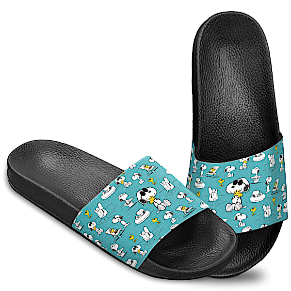 PEANUTS Women's Teal Slide Sandal Shoes Adorned With Snoopy Art