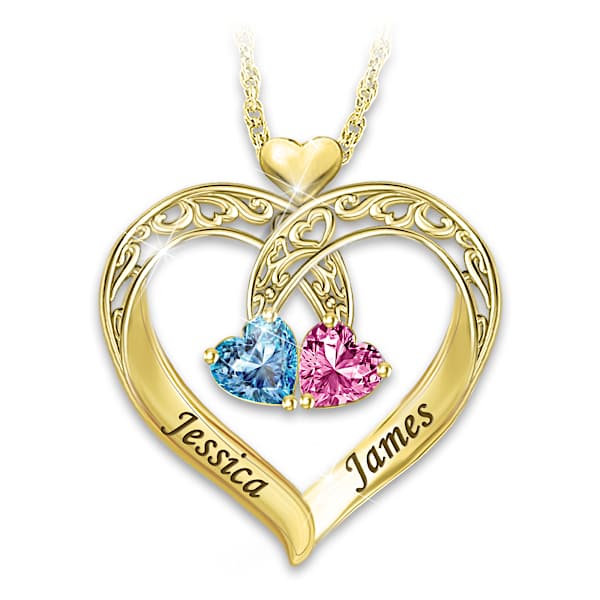 18K Gold-Plated Romantic Heart-Shaped Pendant Personalized With 2 Crystal Birthstones And 2 Names - Personalized Jewelry
