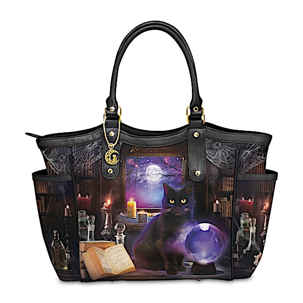 Spellbound Shoulder Tote Bag With Black Cat Artwork
