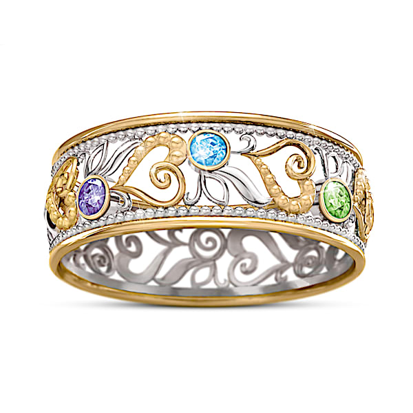 Sterling Silver Family Ring With 18K Gold-Plated Accents Personalized With 6 Crystal Birthstones - Personalized Jewelry