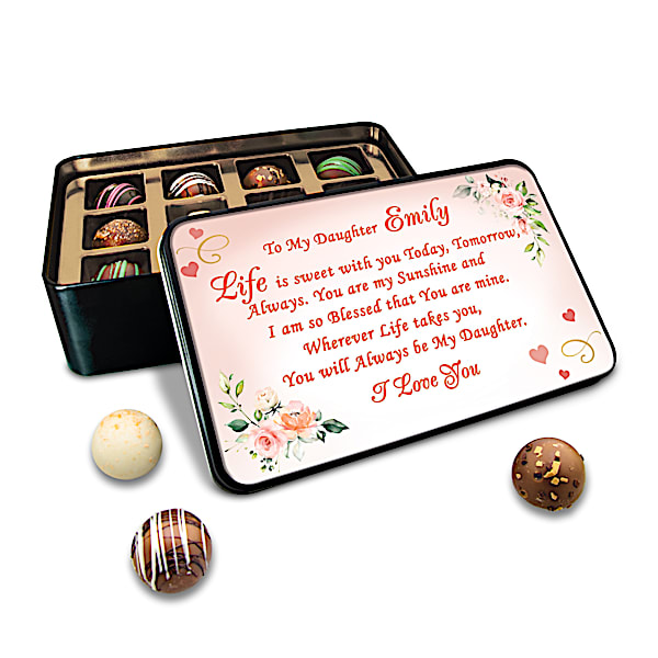 12 Deluxe Chocolate Truffles In 6 Different Varieties With A Floral Tin Gift Box Personalized With Your Daughter's Name - Person