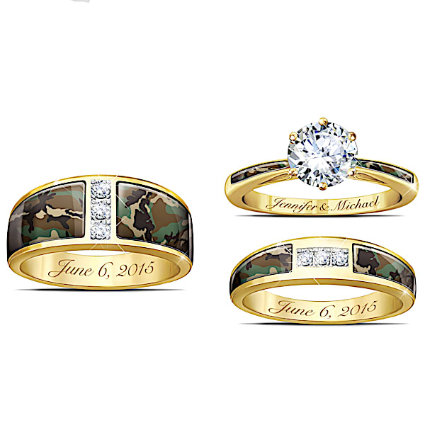 His And Hers Personalized 18K Gold-Plated Camo Wedding Ring Set Adorned With Simulated Diamonds - Personalized Jewelry