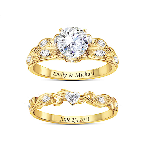 Women's Personalized 18K Gold-Plated Floral Wedding Ring Set Adorned With Simulated Diamonds - Personalized Jewelry