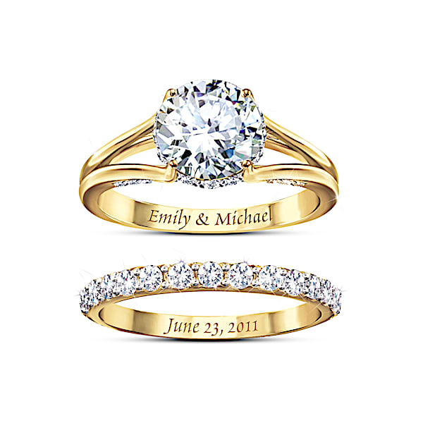 Personalized 18K Gold-Plated Engagement Ring And Wedding Band Set Adorned With Simulated Diamonds - Personalized Jewelry