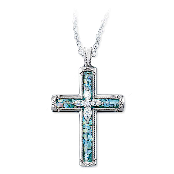 Cross Necklace With Holy Land Glass And White Topaz