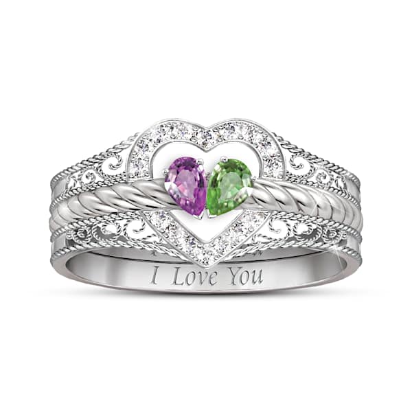 4 Diamonds And 2 Crystal Birthstones Personalized 3-Ring Set